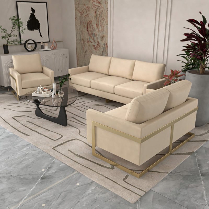 Lincoln Modern Leather 3-piece Sofa Set Accent Armchair in Gold Steel Base with Removable Cushion for Living Room or Office