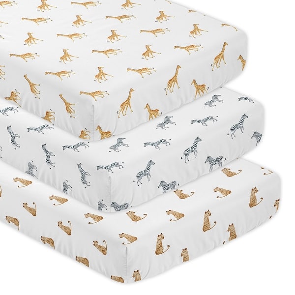 slide 2 of 6, Sweet Jojo Designs Giraffe Leopard Zebra Boy Girl Gender Neutral Unisex 3 Pack Fitted Crib Sheets Jungle Animals Wildlife Safari