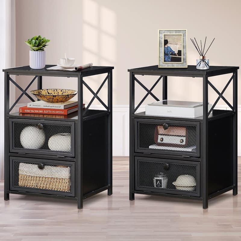 3 Piece Bedroom Set, 14.2-Inch Metal Bed Frame with Nightstand set of 2