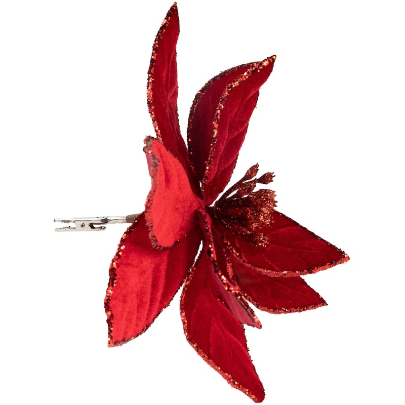 Glittered Poinsettia Christmas Floral Pick Clip-On Ornament - 10" - Red