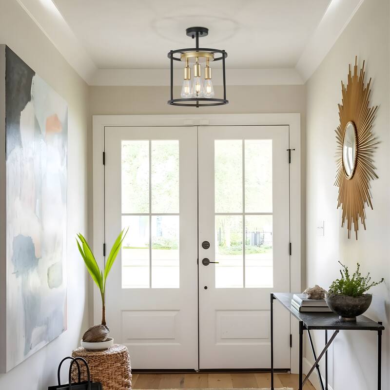 Starsky 3-Light 12inch Farmhouse Round Semi Flush Mount - Black&Gold