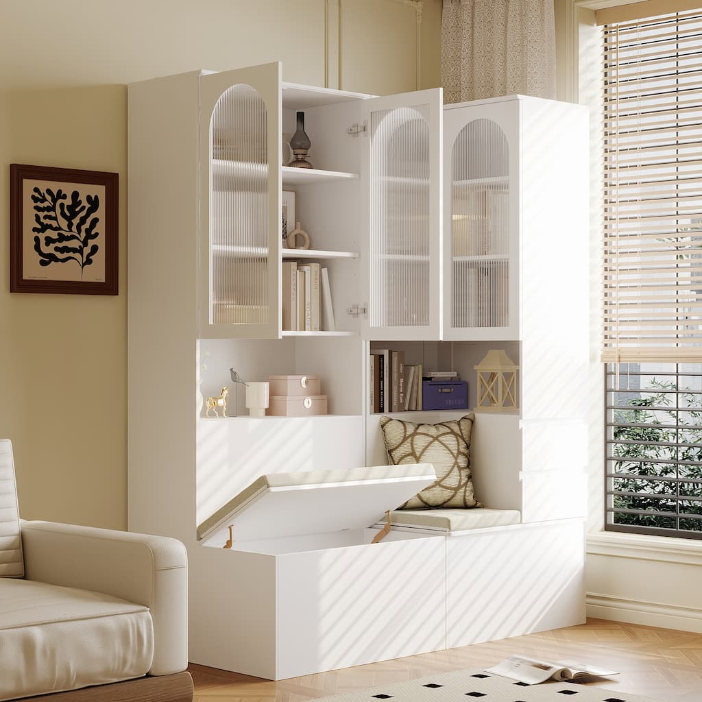 Entryway Cabinet Tempered Glass DoorsStorage Bench with Cushion, Modern Mudroom Hall Tree Organizer with Hidden Storage