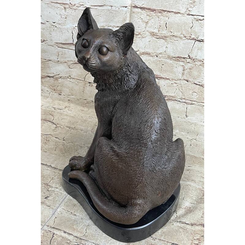 Signed Original Friendly Imitative Cat Feline Bronze Art Deco Marble Base Sculpture Figure