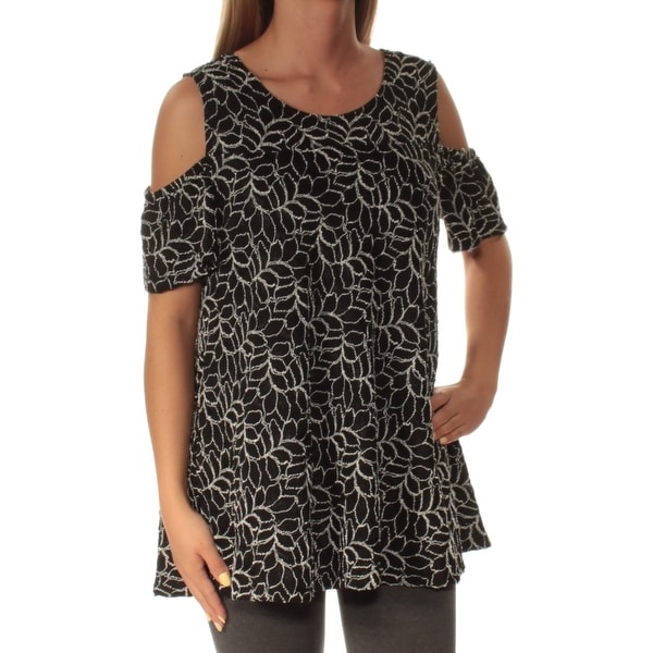 Shop ALFANI Womens Black Cold Shoulder Embroidered Short Sleeve Scoop