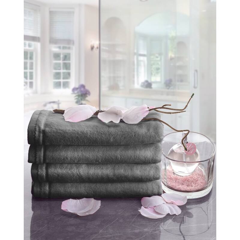 Gray Cotton Hand Towel Set with Embroidered Trim, 4 Pack
