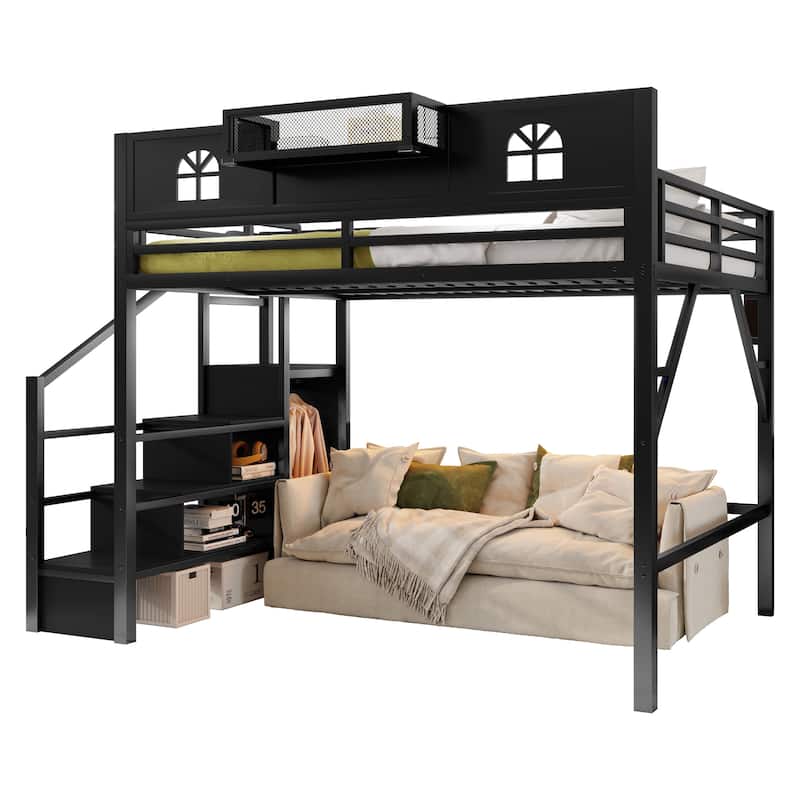 Full / Queen Size Loft Bed with Stairs, House Shaped Guardrails, and Wardrobe Storage