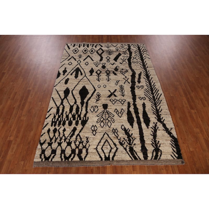 Geometric Moroccan Area Rug Handmade Beige Oriental Wool Carpet - 6'5" x 9'5"