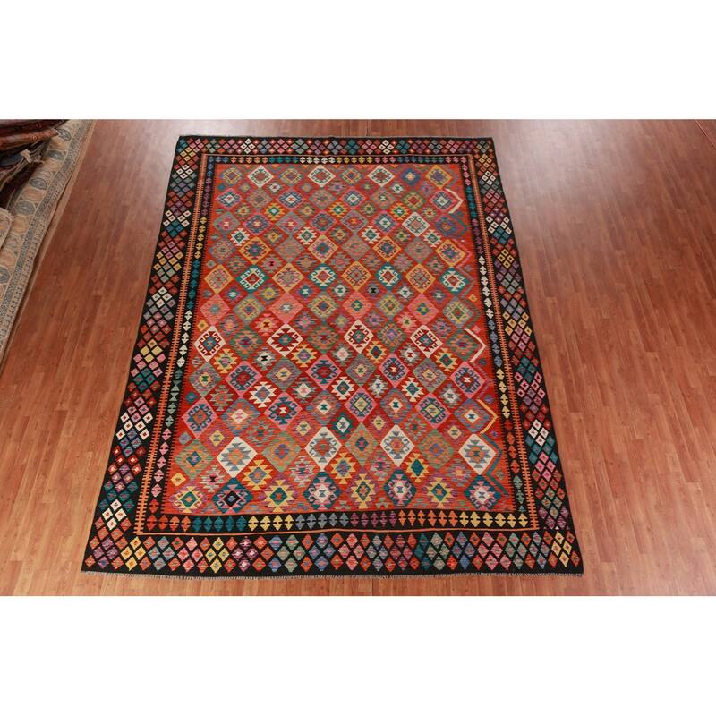 Kilim Oriental Area Rug Flatweave Orange Reversible Wool Carpet - 9'9"x 13'0"