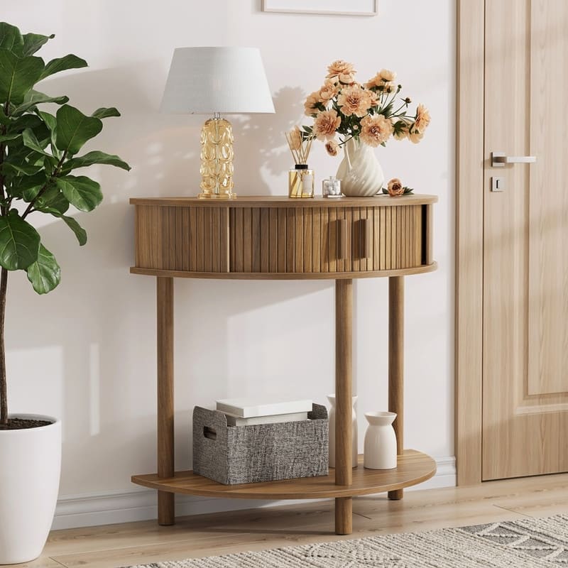 31.5-Inch Grooved Half-Moon Console Table for Modern Entryways and Farmhouse Living Room Decor
