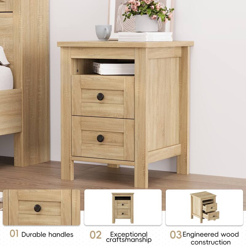 Rustic Platform Bed 3-Pieces Bedroom Sets with Storage Nightstand and Dresser, Wooden Platform Bed with Charging Station