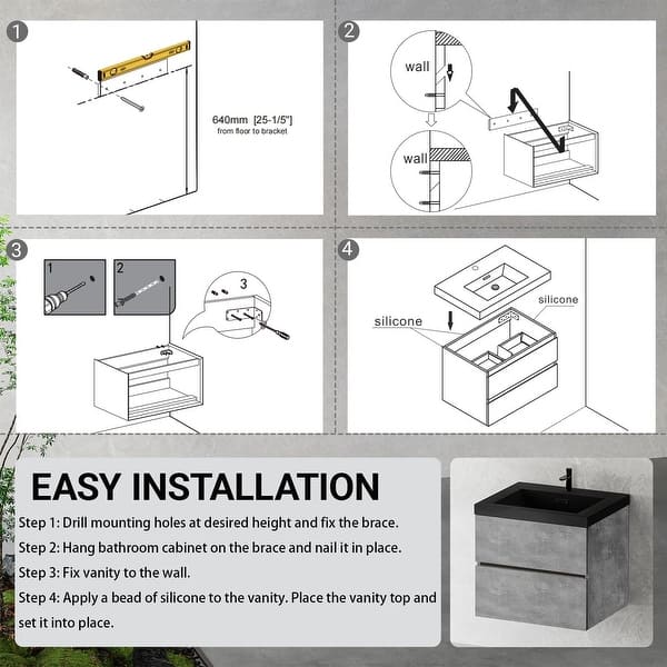 dimension image slide 1 of 5, GDFStudio - Carter Floating Bathroom Vanity with Quartz Sand Countertop & Soft-Close Drawers
