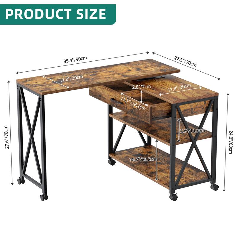 Moasis Rotating Wheeled Sofa Side Table with Drawer 2-Tier Storage Shelves