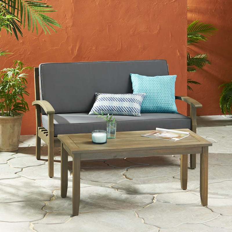Peyton Outdoor Cushioned Acacia Wood Loveseat and Table Set by Christopher Knight Home - Grey