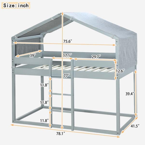 dimension image slide 0 of 3, Twin Over Twin Bunk Bed Wood Bed with Tent