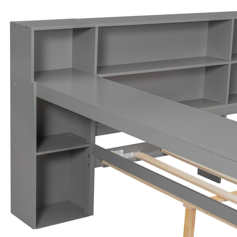 Wood Daybed Twin Size Platform Bed with Storage Shelves, Drawers, Charging Station, Desk, LED and Upholstered Cushion Headboard