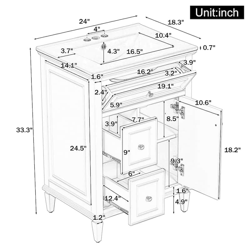 24" Bathroom Vanity with Sink, Flip Drawer, 2 Side Drawers, Solid Wood Frame, Ceramic Top, Freestanding Cabinet