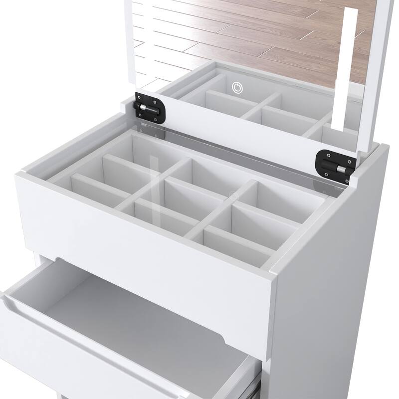 Vanity Desk with Flip Top Lighted Mirror, Compact Dressing Table Set, Small Makeup Vanity with Glass Desktop & 3 Drawers