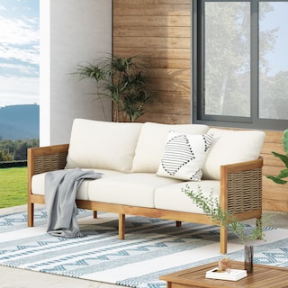 Burchett Outdoor Acacia Wood and Round Wicker Sofa by Christopher Knight Home