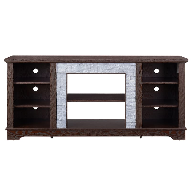 TV Media Stand with with Faux Stacked Stone Surround, Modern Entertainment Console with Open Storage Space