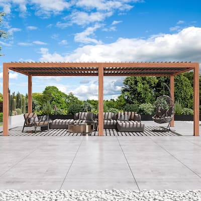 Louvered Pergola 10'x20' with USB Charging Port Deck, Adjustable Waterproof Roof & Integrated Drainage,Wood Grain