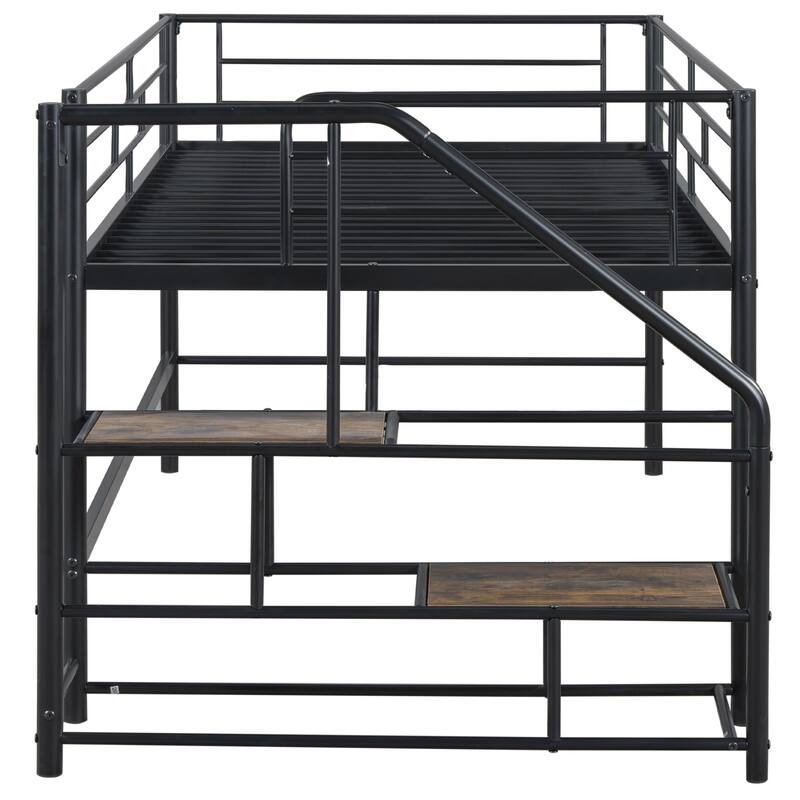 Twin Size Loft Bed with Play and Storage Spaces Underneath, Metal Bed Frame with Storage stairs and Guardrail for Bedroom
