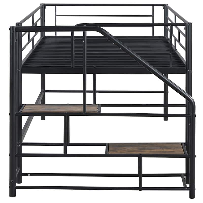 Twin Size MDF Metal Mid Loft Bed with Storage stairs and Fence for Kids, Boys and Girls, Bedroom