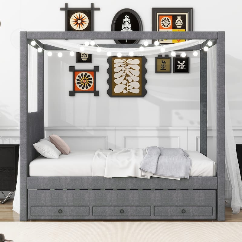 Twin Size Canopy Bed with Trundle and 3 Storage Drawers