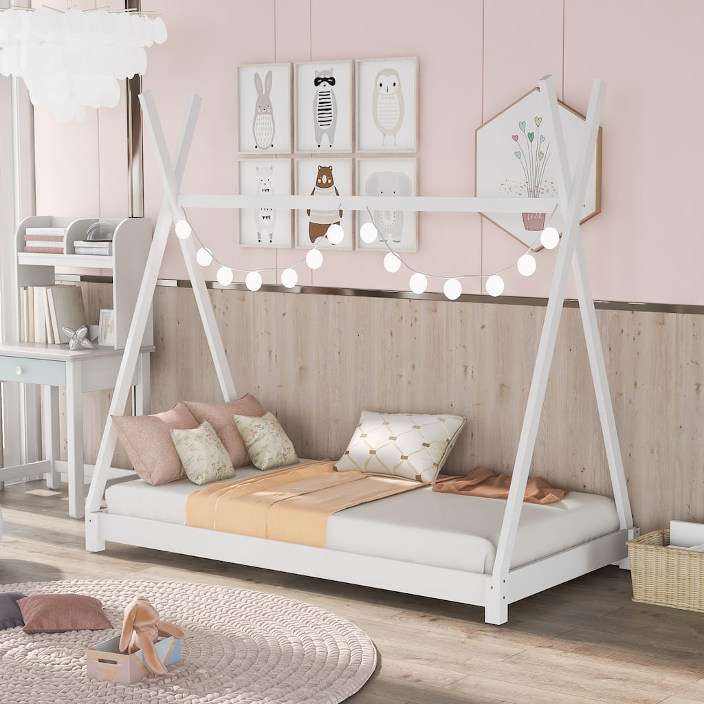 White Twin Size House Platform Bed with Triangle Structure for Kids