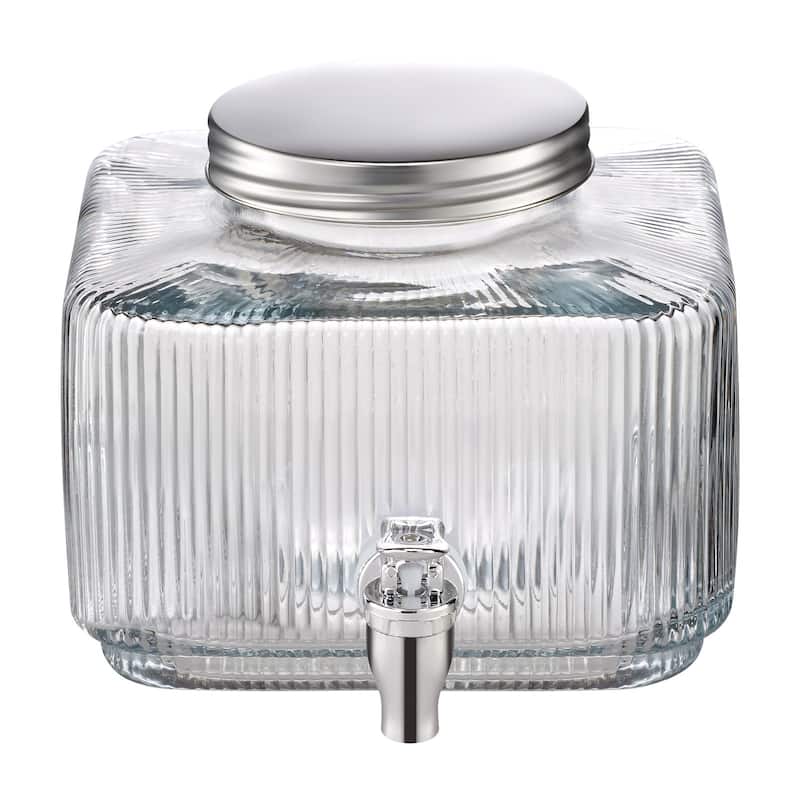 Transparent Glass Single Cylinder Beverage Dispenser with No Drip Spigot and Lid - 7.09 x 7.09 x 5.9 in - Transparent