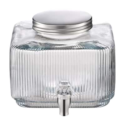Transparent Glass Single Cylinder Beverage Dispenser with No Drip Spigot and Lid - 7.09 x 7.09 x 5.9 in