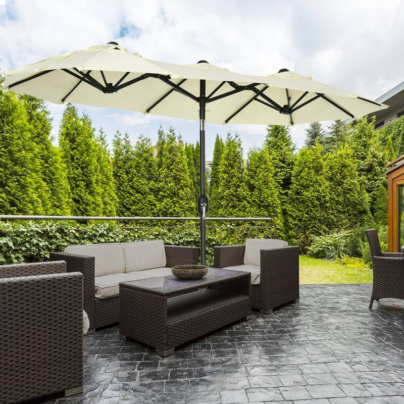 Outsunny Double-sided Patio Umbrella 9.5' Large Outdoor Market Umbrella with Push Button Tilt and Crank, 3 Air Vents and 12 Ribs - Brown