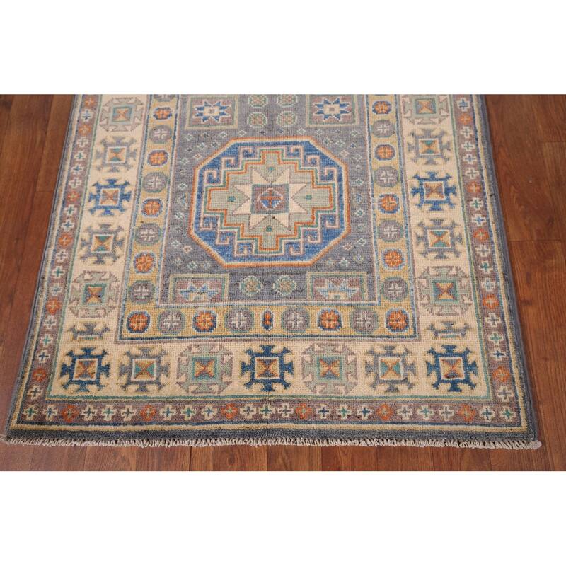 Grey Traditional Kazak Accent Rug Hand-Knotted Wool Carpet - 2'9" x 4'2"