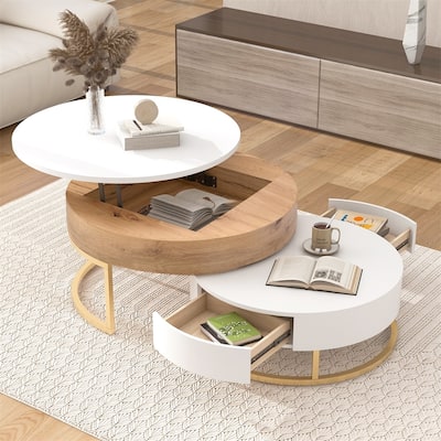 Merax Modern Round Lift-top Nesting Coffee Tables with 2 Drawers