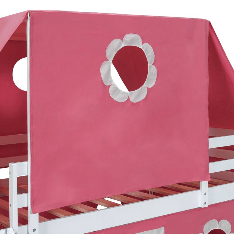 Castle Frame Bed Wood Loft Bed Loft Bed Convertible To Mini Playground with Pink Tent and Tower, Child Bed Tent