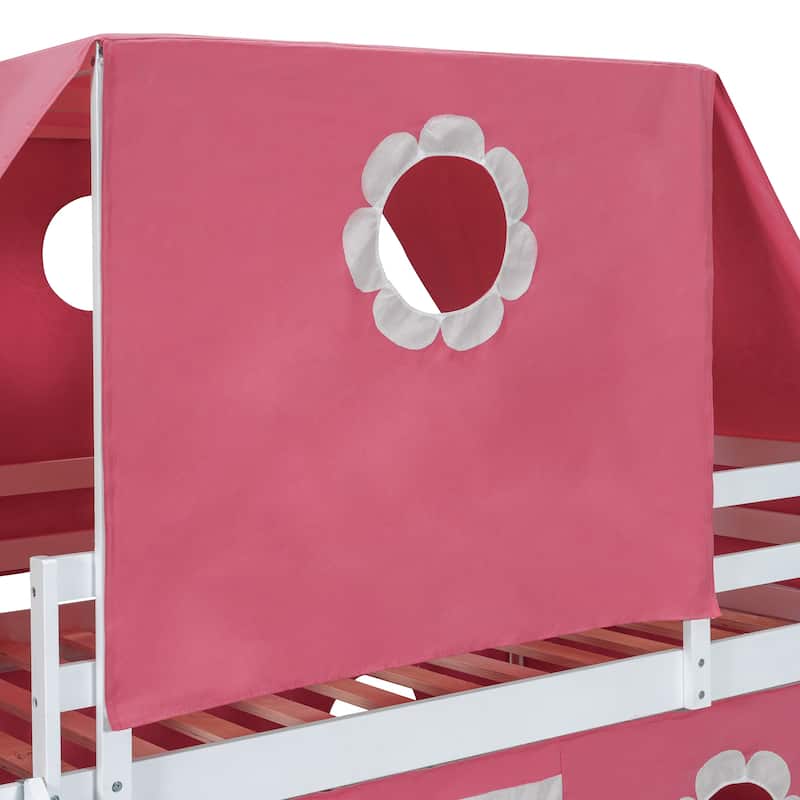Twin Size Loft Bed With Slide Pink Tent And Tower - Pink