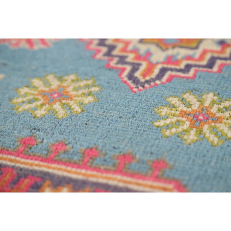 Light Blue Geometric Kazak Foyer Rug Traditional Handmade Wool Carpet - 2'0" x 3'0"