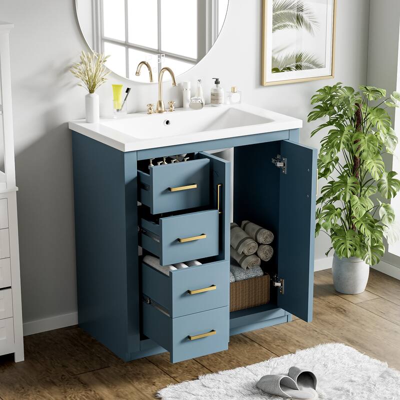 30" Modern Bathroom Vanity Combo with Ceramic Sink, Solid Wood Frame, 3 Drawers, Storage Cabinet