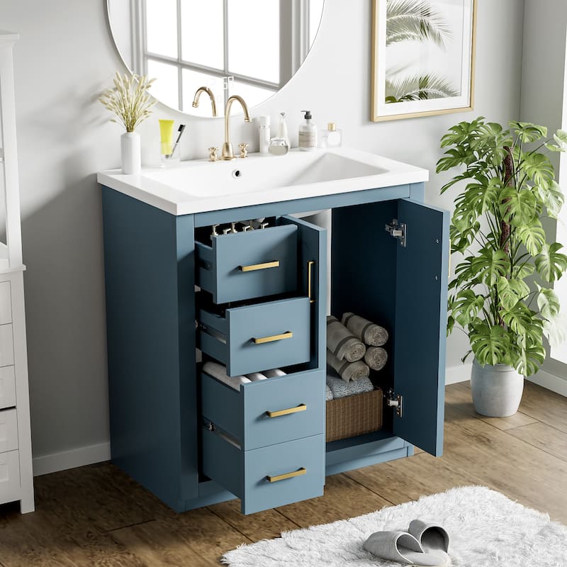 Freestanding Vanity Set, Wooden Bathroom Storage Cabinet, Bathroom Vanity with Ceramic Sink, 3 Drawers & Soft Closing Doors