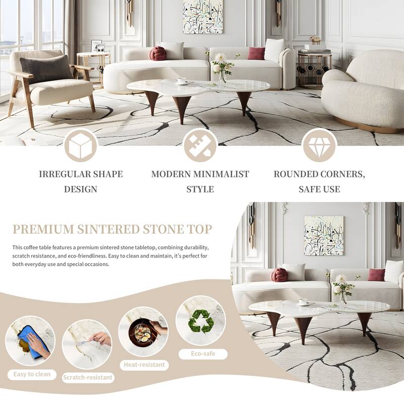 54.8" Modern Coffee Table, Glossy Faux Marble top, Metal Legs with wood texture