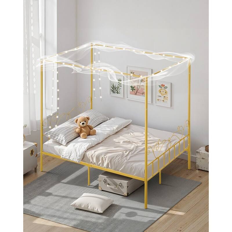 Gold Metal Queen Canopy Bed with Storage, Quiet Design and DIY Rails