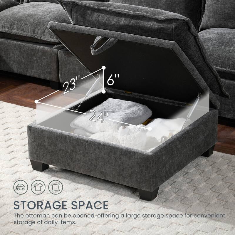 118'' Modular Sectional Sofa with Movable Storage Ottoman, 7 Seat U Shaped Chenille Sofa in Gray