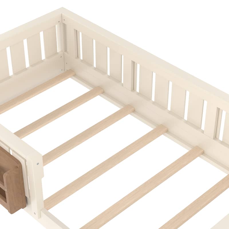 Low Profile Montessori Bed Floor Platform Bed with Fence and Bookshelf