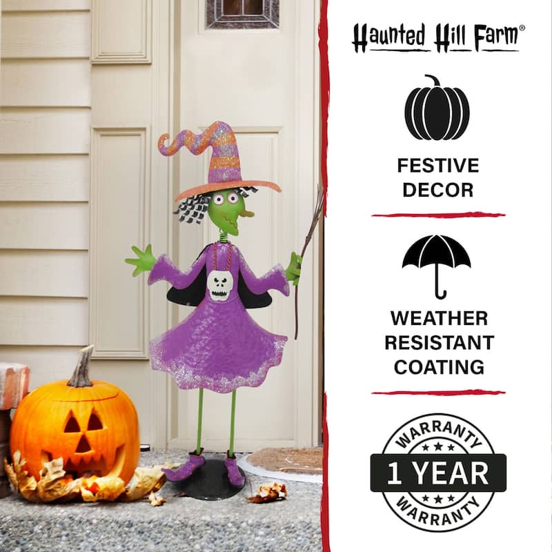 Haunted Hill Farm 28-In. Iron Witch Holding a Broomstick with Removable Yard Stake for Indoor or Outdoor Halloween Decoration