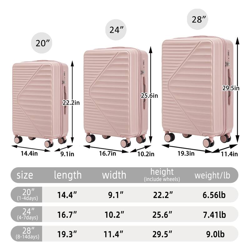 3 PCS in ABS Spinner Wheel Luggage, TSA Combination Lock for Big and Middle Size
