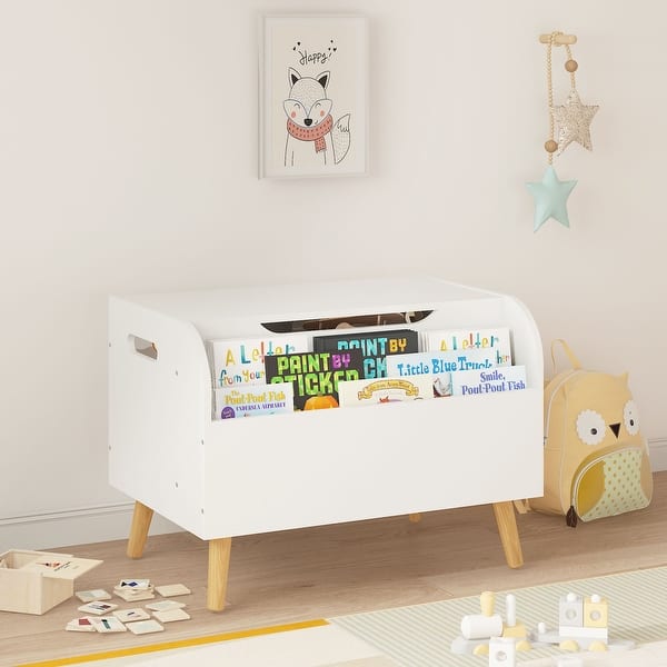 slide 2 of 9, Wooden Kids Toy Storage Organizer with Flip-Top Lid and Safety Hinge White