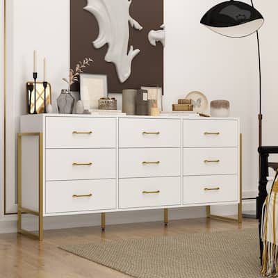 61.4"W Modern Black Dresser with 9 Spacious Drawers - Gold Handles