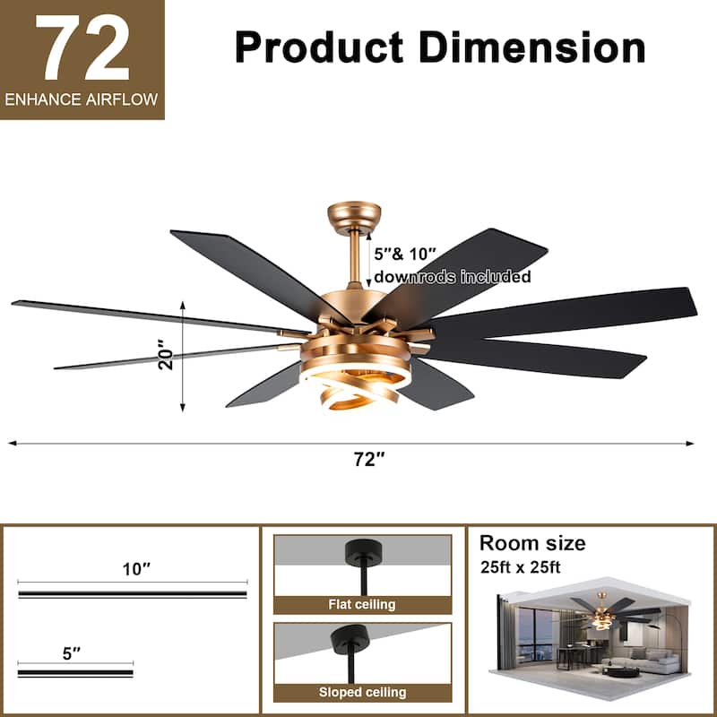 Cusp Barn 52"/72" Modern Large Dimmable LED Ceiling Fan with Lights and Remote, Reversible 8-Blade DC Motor DIY Shape Chandelier