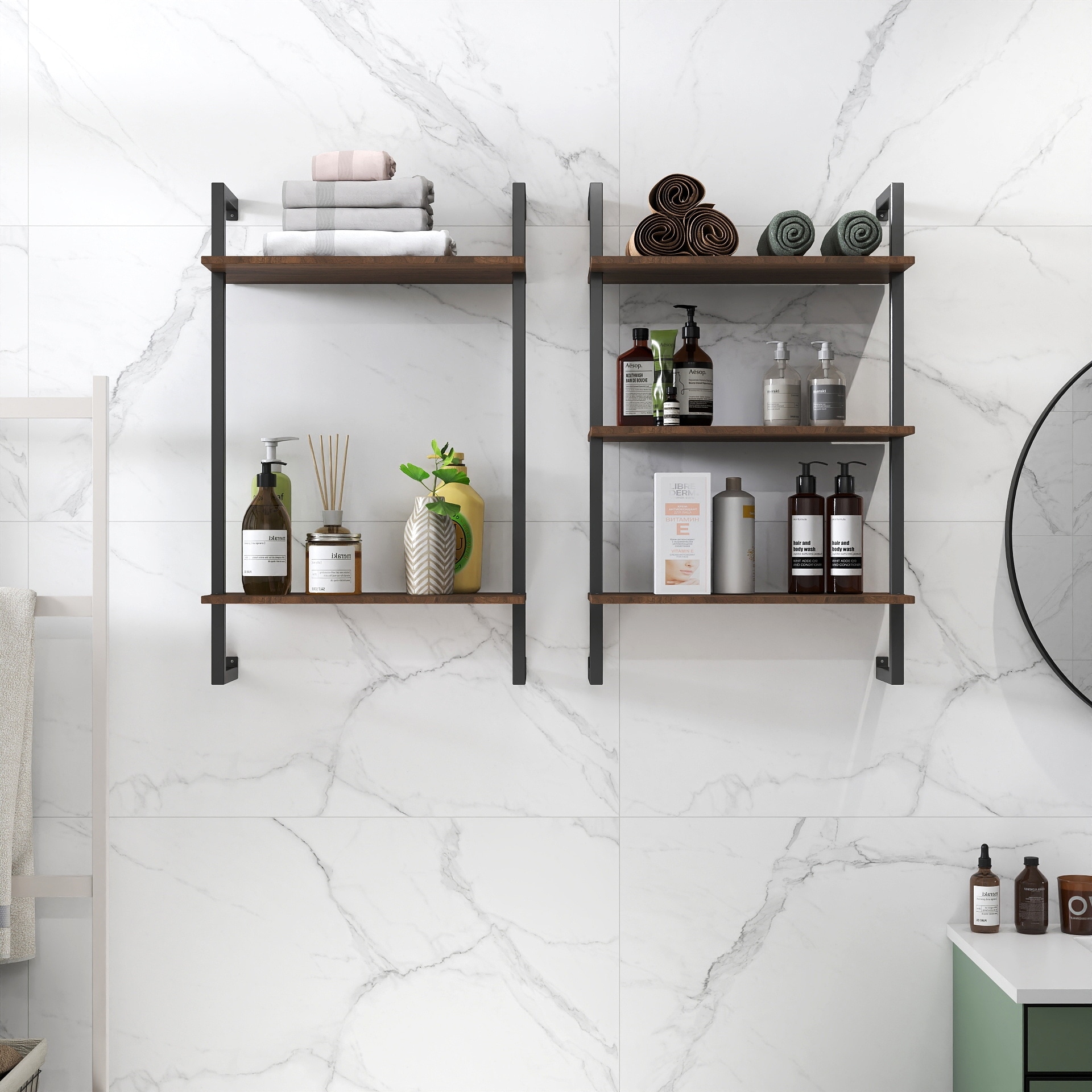 GDFStudio - Sara Industrial Wall-Mounted 3-Tier and 2-Tier Wood & Metal Floating Shelves
