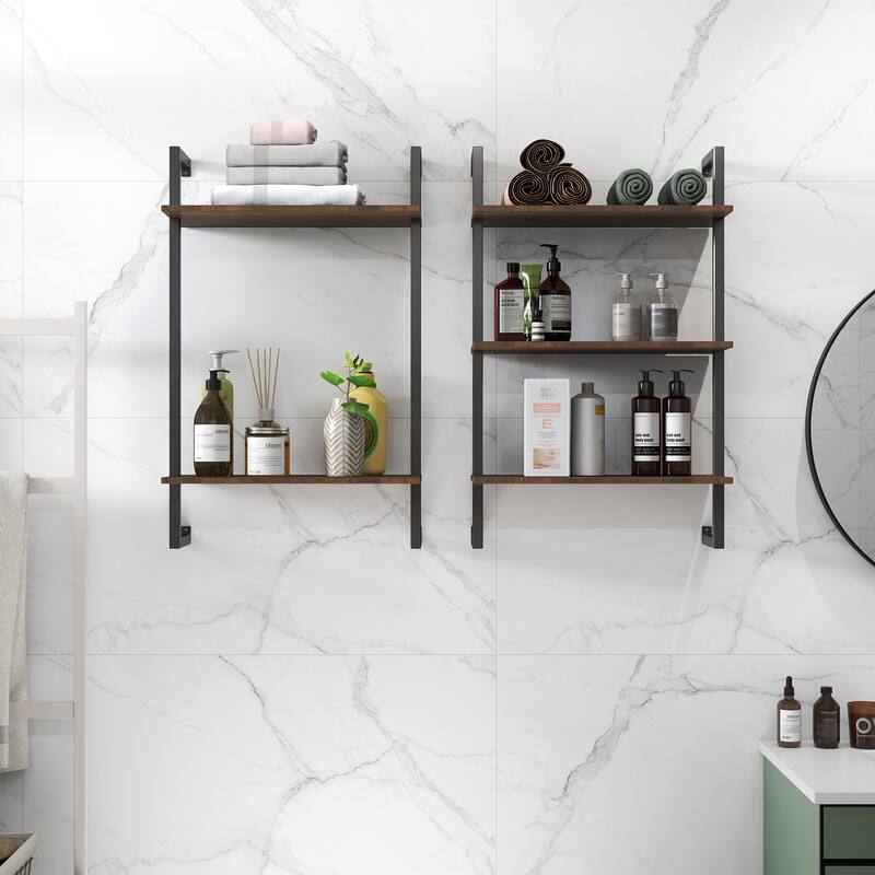 Roomfitters 3-Tier and 2-Tier Wall Mounted Shelves, Metal and Wood Hanging Storage Rack, Walnut