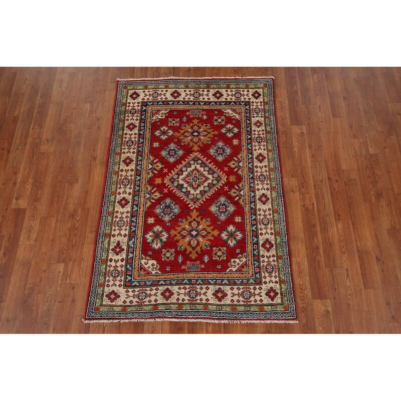 Red Kazak Accent Rug Hand-Knotted Traditional Oriental Wool Carpet - 3'3" x 4'9"